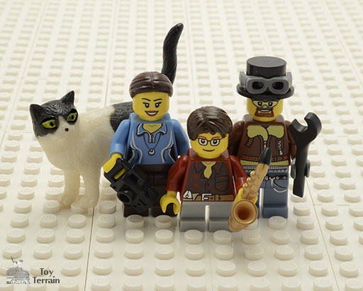 Portrait of Toy Terrain as minifigures with toy cat for About Toy Terrain page