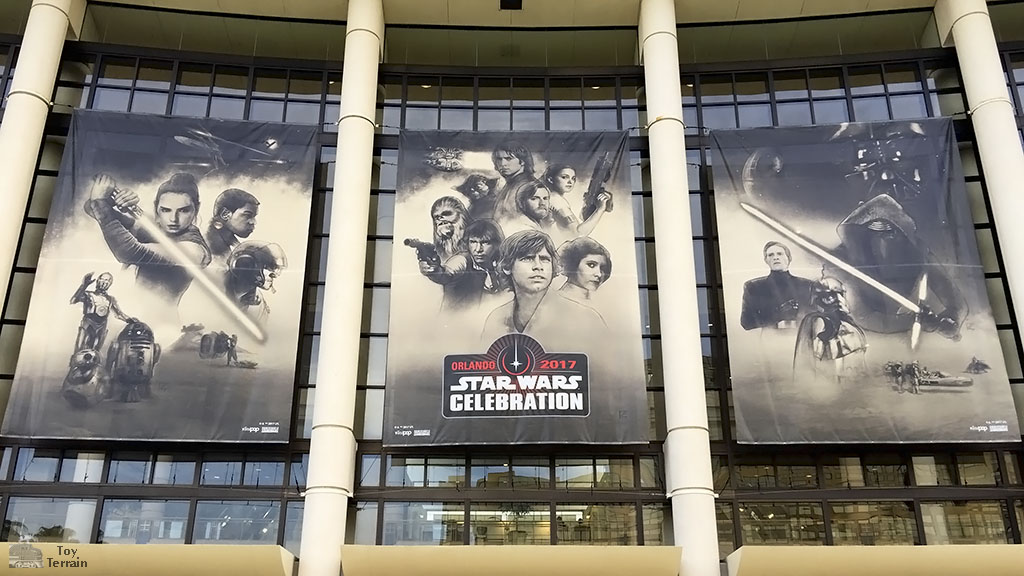 Star Wars Celebration 2017 banners hang over the convention center in Orlando, Florida